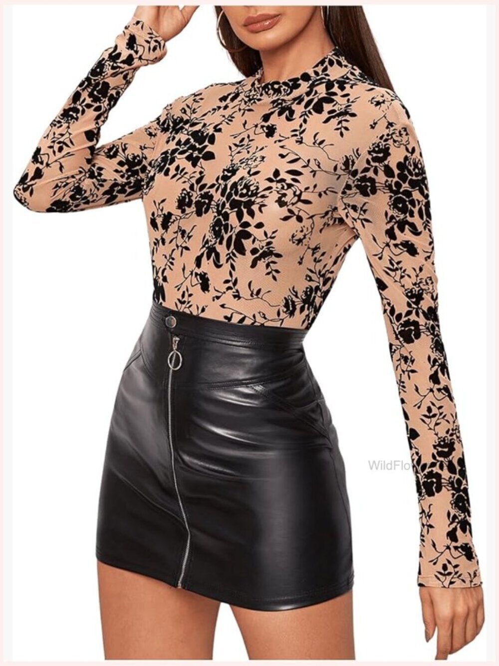 Sheer Mesh Long Sleeve Blouse Floral See Through Top